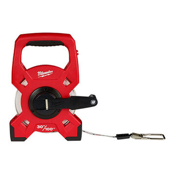 Reel Tape Measure, Fiberglass Blade, Smooth Retraction Rewind, Slide Lock, Open Case, Plastic Case Material, Red Color