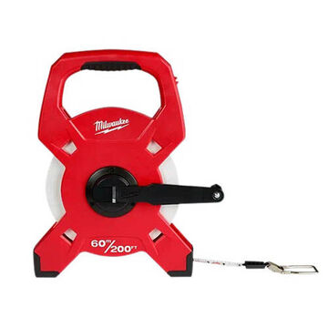 Measuring Tape Open Reel, Black, Red, Fiberglass, 200 Ft