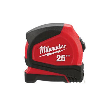 Compact Tape Measure, Steel Blade, Automatic Rewind, Slide Lock, Closed Case, ABS Case Material, Black, Red Color, 25 ft