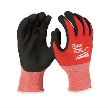 Work Gloves Dipped, Nylon, Nitrile Coating, Black, Red, Knit Cuff, Cut, Puncture Resistant, Large