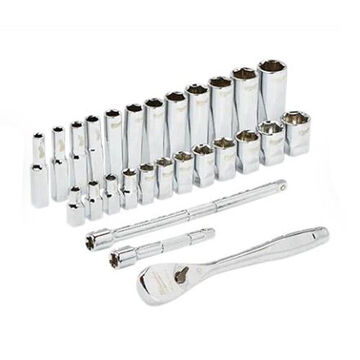 Ratchet & Socket Set, Alloy Steel, 28-Piece, 1/4 in Drive, Chrome Plated