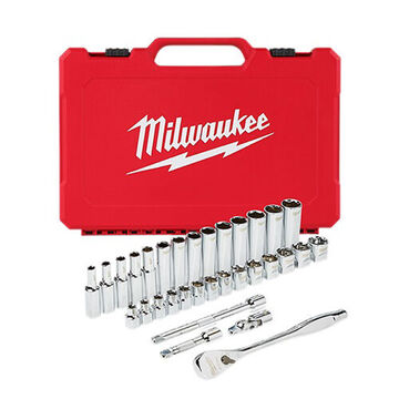 Set Ratchet And Socket, Alloy Steel, 3/8 In Drive, Hand Drive, 32 Pieces, 15-3/16 In Lg, Chrome