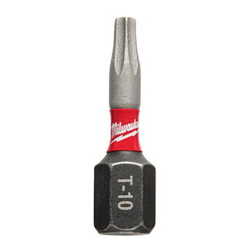 Embout à impact à une extrémité, acier allié S2, taille de pointe Torx T10, 1 pouce lg, tige hexagonale 1/4 pouce, finition oxyde noir