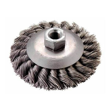 Heavy-Duty Wheel Brush, Bevel Knot Wire Carbon Steel, 12000 rpm Speed, 0.02 to 0.023 in Wire dia, 4 in Brush dia
