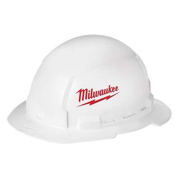Full Brim Hard Hat, Polyethylene, White Color, Ratchet Suspension, Class E, Type-1, Large Logo Graphics