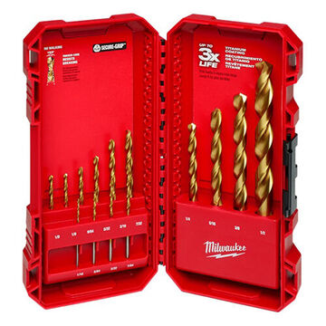 Parabolic Flute Drill Bit Set, HSS, 3-Flat Shank, 135 deg Split Point, Titanium Coated, Number of Pieces 14