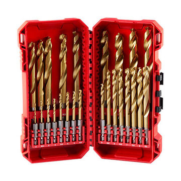 Metric Hex Shank Drill Bit Set, High Speed Steel, 25 Pieces, 135 deg Point Angle, 1/4 in Shank, Titanium