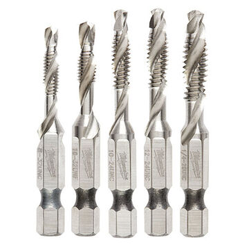 Bit Set Impact Drill And Tap, Steel, #8-32 Unc, #10-24 Unc, #10-32 Unf, #12-24 Unc, 1/4 In-20 Unc Thread, Bright