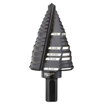Jam-Free Step Drill Bit,  7/8 to 1-3/8 in, 12 Steps, 3-Flat Shank, High Speed Steel