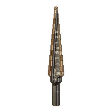 Step Drill Bit, 1/8 to 1/2 in, 13 Steps, Hex Shank, High Speed Steel