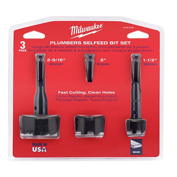 Plumber Selfeed Hex Shank Drill Bit Kit, Steel, 3 Pieces, 135 deg Point Angle, 6-5/8 in lg