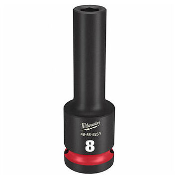 Deep Length Impact Socket, 8 mm Socket, 1/2 in Drive, 3.07 in lg, Forged Steel