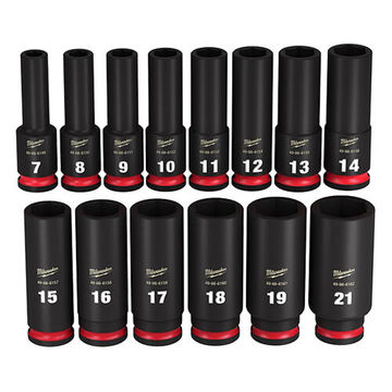 Set Impact Socket, Steel, 3/8 In Drive, 14-piece, 6-point, Black Phosphate