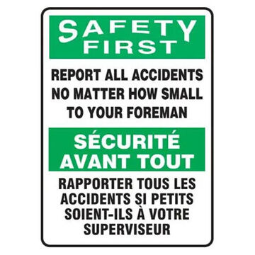 Safety First Sign, 14 in ht, 10 in wd, Aluminum, Through Hole Mount