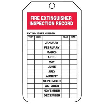 Fire Extinguisher Safety Tag, 5-7/8 in ht, 3-1/8 in wd, 3/8 in Dia, Cardstock