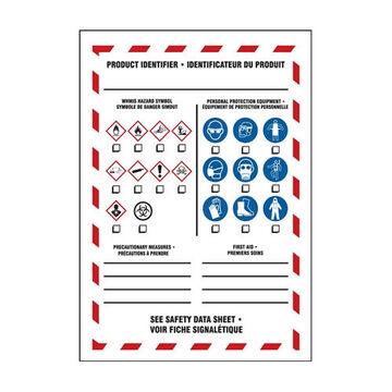 Safety Label, 3- 1/2 in wd, 5 in ht, Adhesive Vinyl, Red/Blue/Black on White