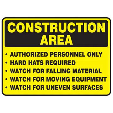 Construction Area Safety Sign, 10 in ht, 14 in wd, Aluminum