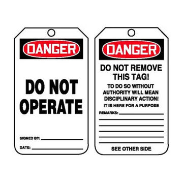 Safety Tag, 5-7/8 in ht, 3-1/8 in wd, White, 3/8 in Dia, PF-Cardstock