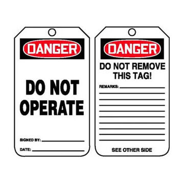 Safety Tag, 5-3/4 in ht, 3-1/4 in wd, Black/Red on White, 3/8 in Dia, PF-Cardstock