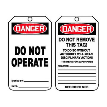 Safety Tag, 5-3/4 in ht, 3-1/4 in wd, Black/Red on White, 3/8 in Dia, PF-Cardstock