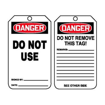 Safety Tag, 5-3/4 in ht, 3-1/4 in wd, Black/Red on White, 3/8 in Dia, PF-Cardstock