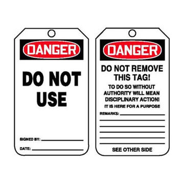 Safety Tag, 5-3/4 in ht, 3-1/4 in wd, Black/Red on White, 3/8 in Dia, PF-Cardstock