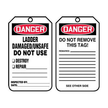 Ladder Status Safety Tag, 5-3/4 in ht, 3-1/4 in wd, White, 3/8 in Dia, Plastic