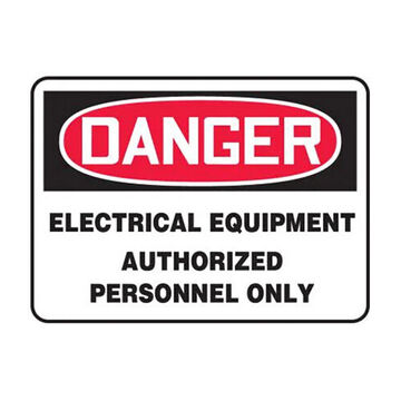 Danger Sign, 7 in ht, 10 in wd, Black on Red/White, Adhesive Vinyl, Surface Mount
