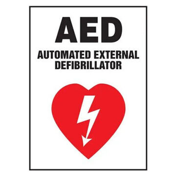 AED Safety Sign, 10 in ht, 7 in wd, Black Lettering/Red Graphic on White, Plastic, Through Hole Mount