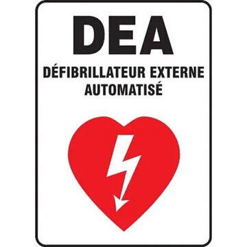 AED Safety Sign, 10 in ht, 7 in wd, Black Lettering/Red Graphic on White, Plastic, Through Hole Mount