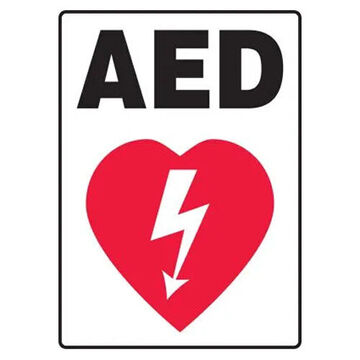 AED Graphic Symbol Safety Sign, 10 in ht, 14 in wd, Black/Red/White, Plastic, Through Hole Mount