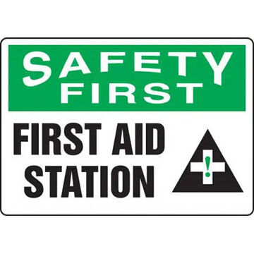 Safety Sign, 7 in ht, 10 in wd, Black/Green/White, Adhesive Vinyl