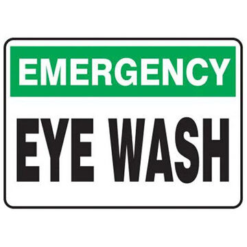 Emergency Safety Sign, 10 in ht, 14 in wd, Black/Green/White, Plastic, Through Hole Mount