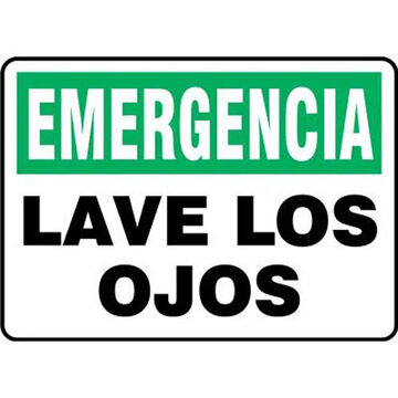 Emergency Safety Sign, 7 in ht, 10 in wd, Black/Green/White, Plastic, Through Hole Mount
