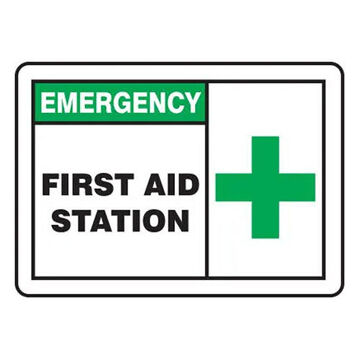 Emergency Safety Sign, 7 in ht, 10 in wd, Black on White/Green on White, Plastic, Through Hole Mount