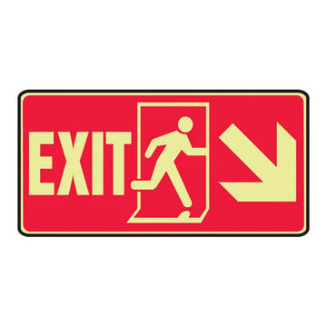 Glow-In-The-Dark Safety Sign, 7 in ht, 14 in wd, Yellow on Red, Vinyl, Adhesive Surface Mount