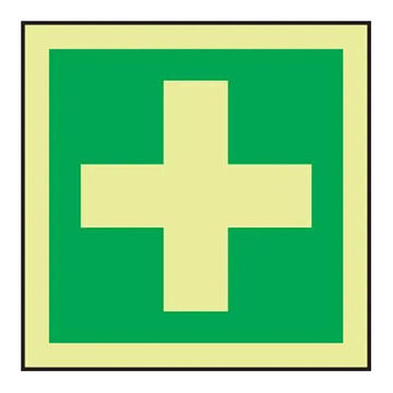 Medical Locker Imo Evacuation Safety Sign, 6 in ht, 6 in wd, Green/Glow White, Adhesive Vinyl, Surface Mount