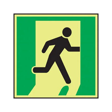 Exit Right IMO Evacuation Safety Sign, 6 in ht, 6 in wd, Green/Black on Yellow, Polyester, Adhesive Surface Mount
