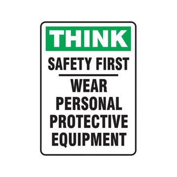 Think Safety Sign, 14 in ht, 10 in wd, Adhesive Vinyl