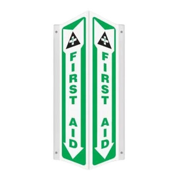 First Aid Safety Sign, 3 in ht, 18 in wd, Green on White, Plastic, Wall Mount