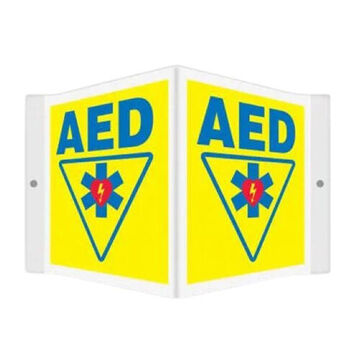 3D Safety Sign, 6 in ht, 5 in wd, Blue/Yellow, Plastic, Wall with Screws Mount