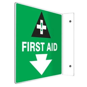 90D Safety Sign, 8 in ht, 8 in wd, White/Green, Plastic, Through Hole Mount
