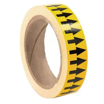 Directional Flow Arrow Tape, Black Arrow on Yellow, 2 in wd, 54 ft lg, Self-Adhesive Vinyl with acrylic adhesive