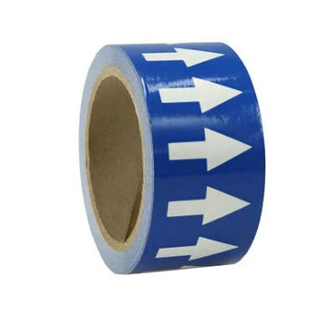 Directional Flow Arrow Tape, White Arrow on Blue, 2 in wd, 54 ft lg, Self-Adhesive Vinyl with acrylic adhesive