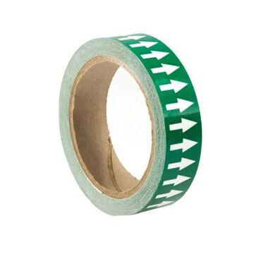 Directional Flow Arrow Tape, White Arrow on Green, 1 in wd, 108 ft lg, Self-Adhesive Vinyl with acrylic adhesive