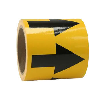 Directional Flow Arrow Tape, Black Arrow on Yellow, 4 in wd, 108 ft lg, Self-Adhesive Vinyl with acrylic adhesive
