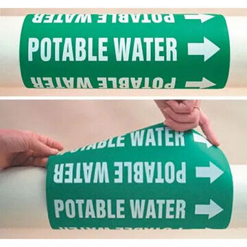 Identification Pipe Marker, 2-1/2 in ht, 12 in wd, Green on White, Self-Stick Mount
