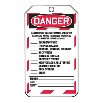 Barricade Status Safety Tag, 5-3/4 in ht, 3-1/4 in wd, Black/Red on White, 3/8 in Dia, PF-Cardstock