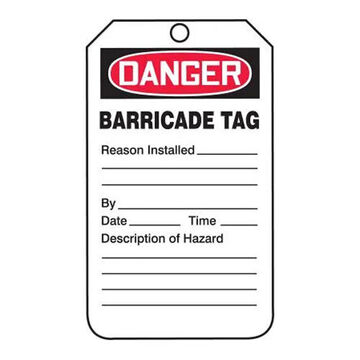 Safety Tag, 5-3/4 in ht, 3-1/4 in wd, Black/Red on White, 3/8 in Dia, PF-Cardstock