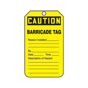 Safety Tag, 5-3/4 in ht, 3-1/4 in wd, Black/Yellow, 3/8 in Dia, Plastic